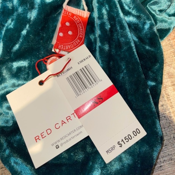 Red carter Velvet asymmetrical one piece features - Picture 4 of 10